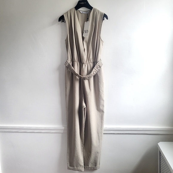 New Zara Textured Linen Blend V-Neck Sleeveless Belted Tan Jumpsuit NWT Small - Picture 9 of 15
